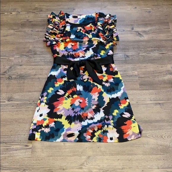 Jade Colorful Burst Ruffled Flutter Cap Sleeve A-line Dress M Belted Lined - Picture 1 of 6